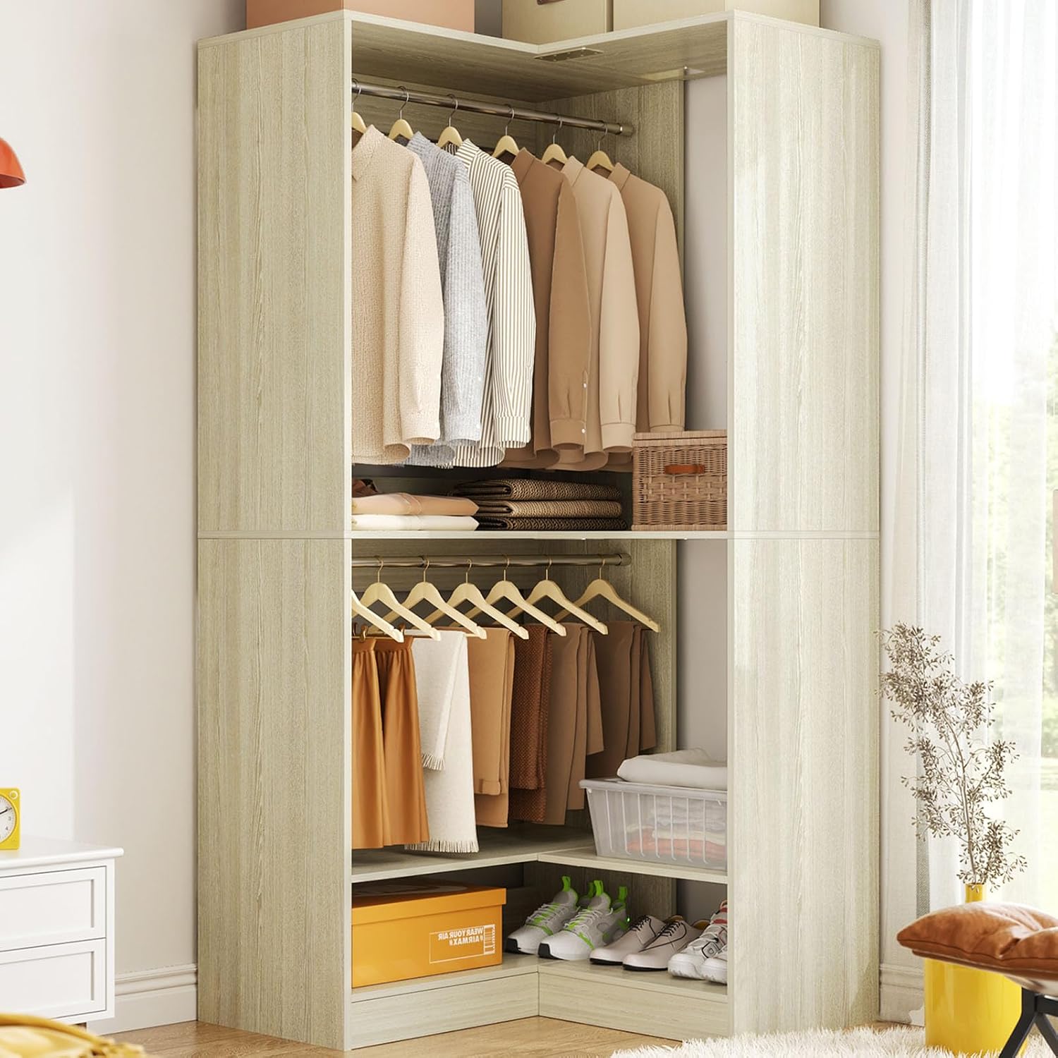 Homieasy Corner Closet System Modular with Upper & Lower Hanging Areas and Shoe Shelf, Corner Wardrobe Organizer Easy Assembly, Anti-Tip Design, Perfect for Bedroom or Walk-In Closet, White Oak