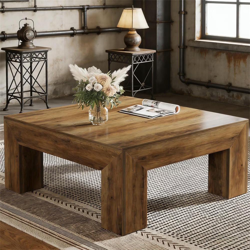 39.4' Square Coffee Table, Farmhouse Coffee Table with Sturdy Base, Mid-Century Modern MDF Accent Center Tea Tables for Living Room Apartment, Easy Assembly