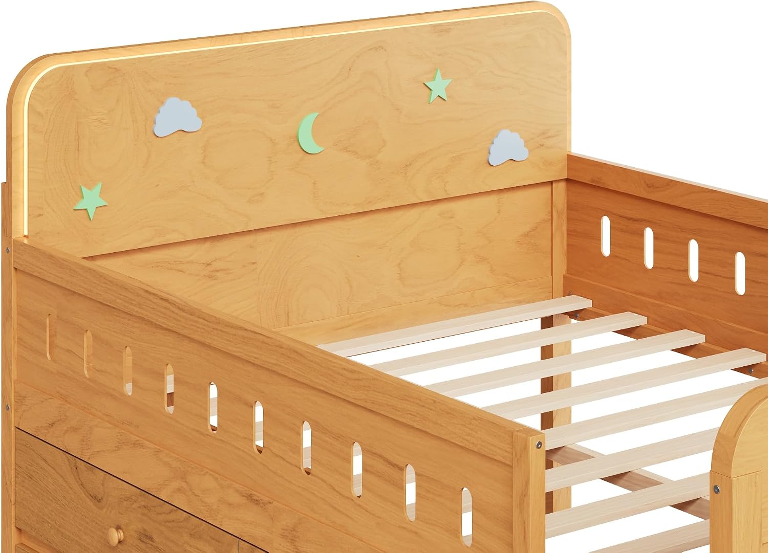 SOFTSEA Full Size Platform Bed with Storage Drawers, Solid Wood Daybed Frame with Stairs, Storage Shelves and LED Lights, Space-Saving Bed with Drawers for Bedroom, Living Room, Wood