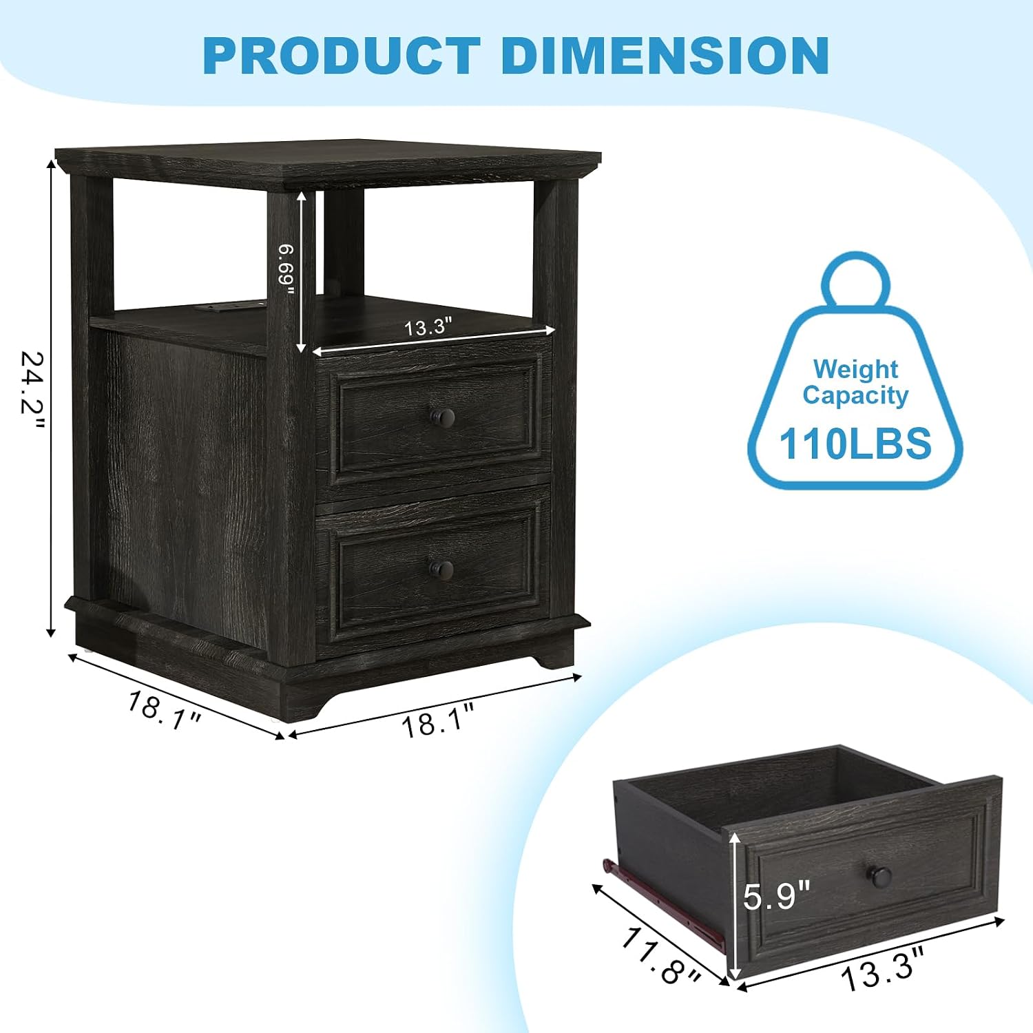 Vipbear Farmhouse Nightstand 18' Dark Gray End Table with Charging Station & 2 Drawers, Rustic Bedside Table with Storage Shelf for Bedroom, Living Room,18.1' D x 18.1' W x 24.2' H, Set of 2