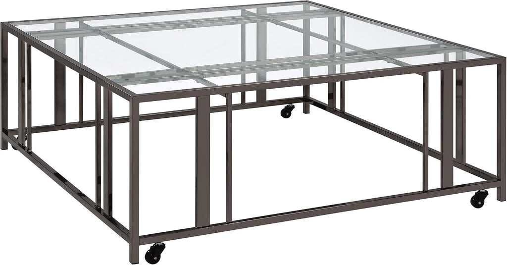 Coaster Home Furnishings - Adri - Square Glass Top Coffee Table with Geometric Base and Smooth-Rolling Casters - Contemporary - Living Room - Black Nickel - 710178
