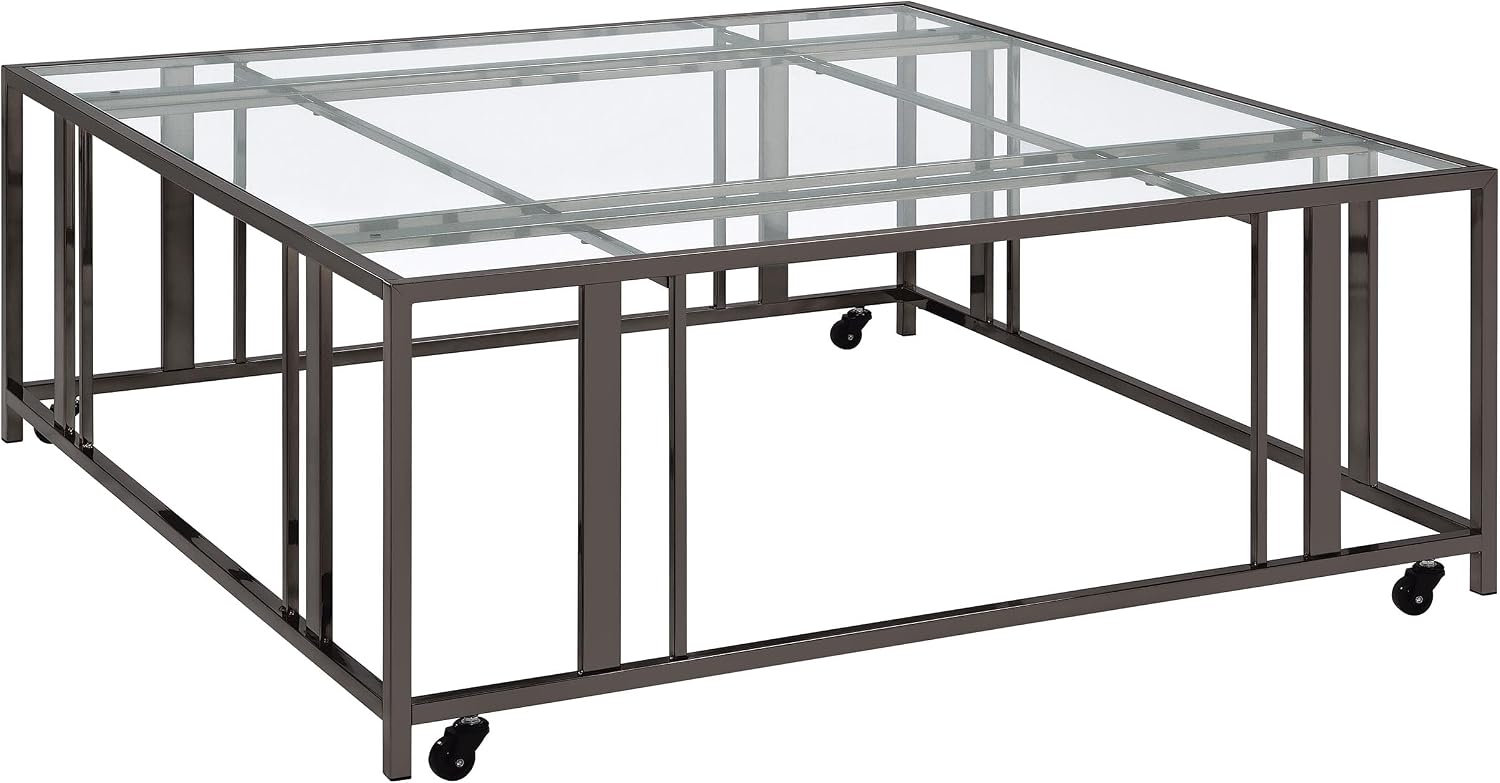 Coaster Home Furnishings - Adri - Square Glass Top Coffee Table with Geometric Base and Smooth-Rolling Casters - Contemporary - Living Room - Black Nickel - 710178