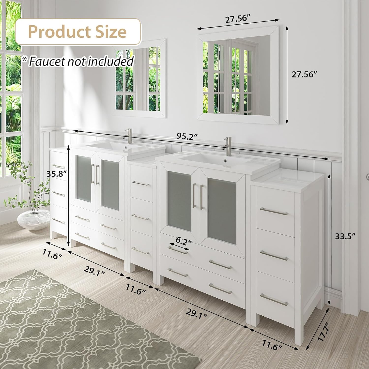 Vanity Art 96 Inch Under Mount Double Sink Bathroom Vanity Cabinet with 2 Mirrors, Ceramic Top Bathroom Cabinet Compact Set with 13 Dovetail Storage Drawers, VA3030-96-W