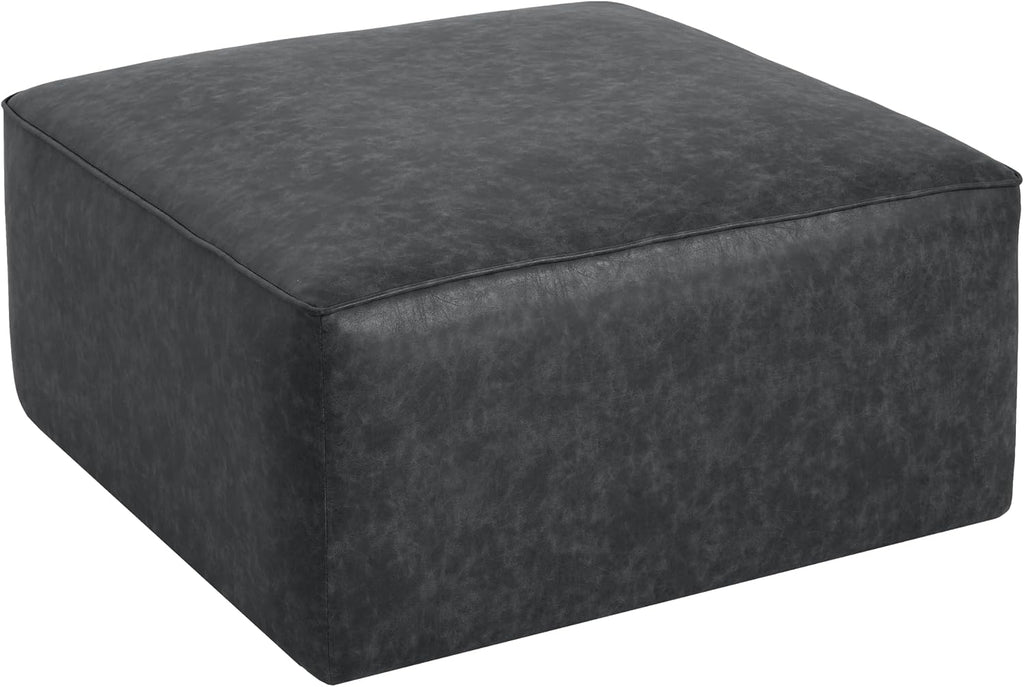 Christopher Knight Home Ellis Faux Leather Ottoman Footstool, Square Pouf Poufee Footrest Ottoman Large Seat, Modern Side Table for Living Room Bedroom Home Decor Gifts, Black