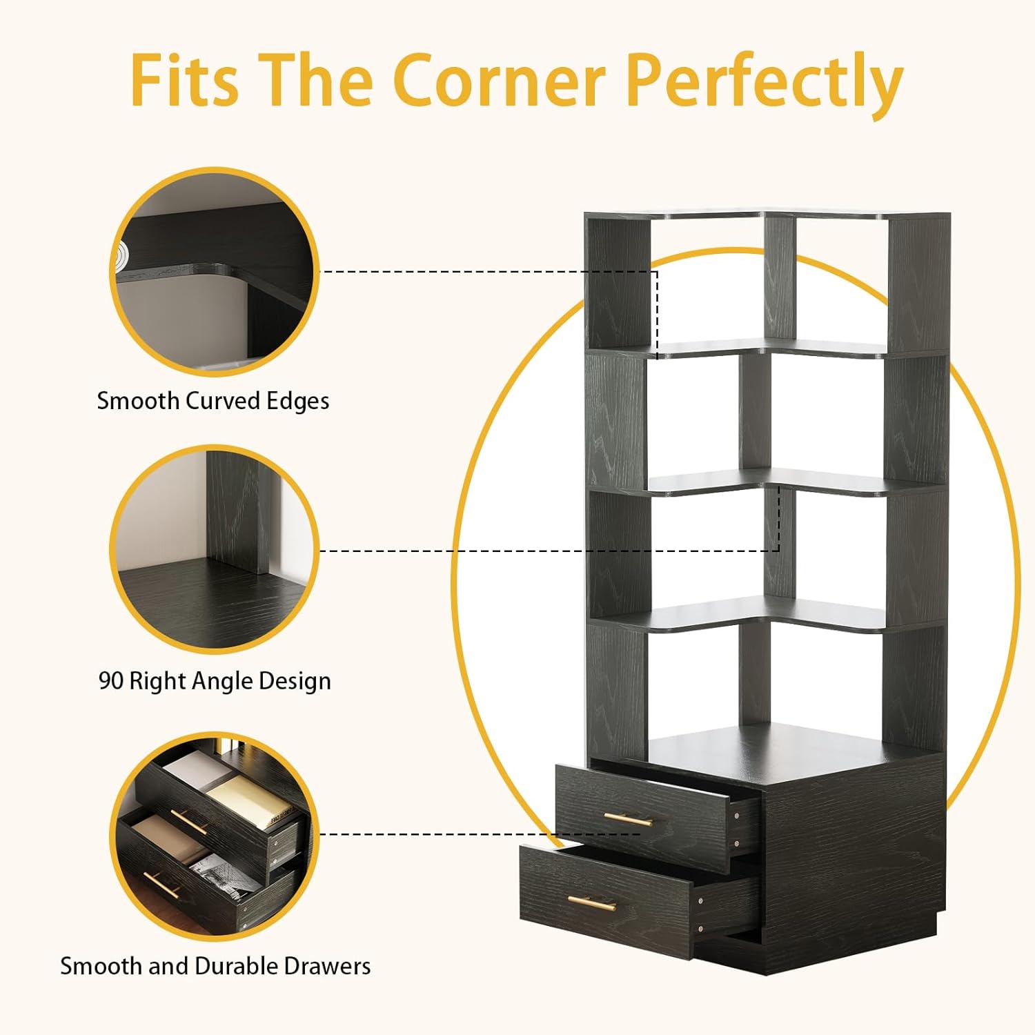 Corner Bookshelf with Drawers,66.9' L Shaped Tall Bookshelf and Bookcase,5 Tier Corner Bookcase with Storage Display Shelf Stand for Home Office, Living Room, Bedroom, Kitchen
