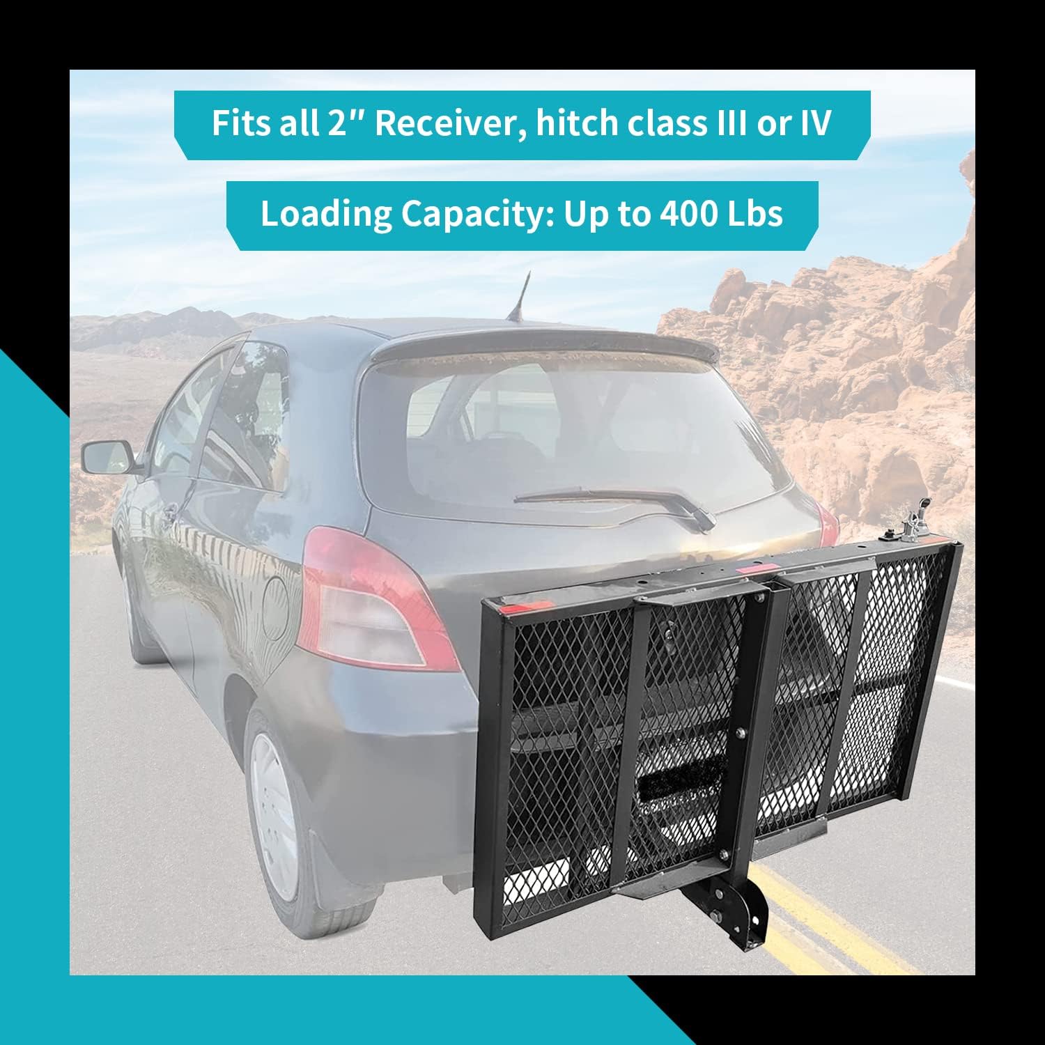 New Mobility Carrier Ramp Hitch Mounted 46.2 x 26.8 x 38.7 500 lbs for | Wheelchair Electric Scooter Medical Disability with Rack Ramp Capacity Steel w/3' Rail Fit 2' Hitch Receiver SUV Truck Van