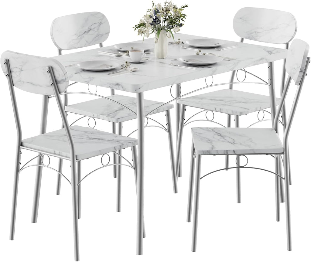 VECELO Dining Table Set for 4, 5-Piece Kitchen Table with 4 Chairs, MDF Board Tabletop with Metal Frame for Small Space, Compact Dinette, Breakfast Nook, Marble White