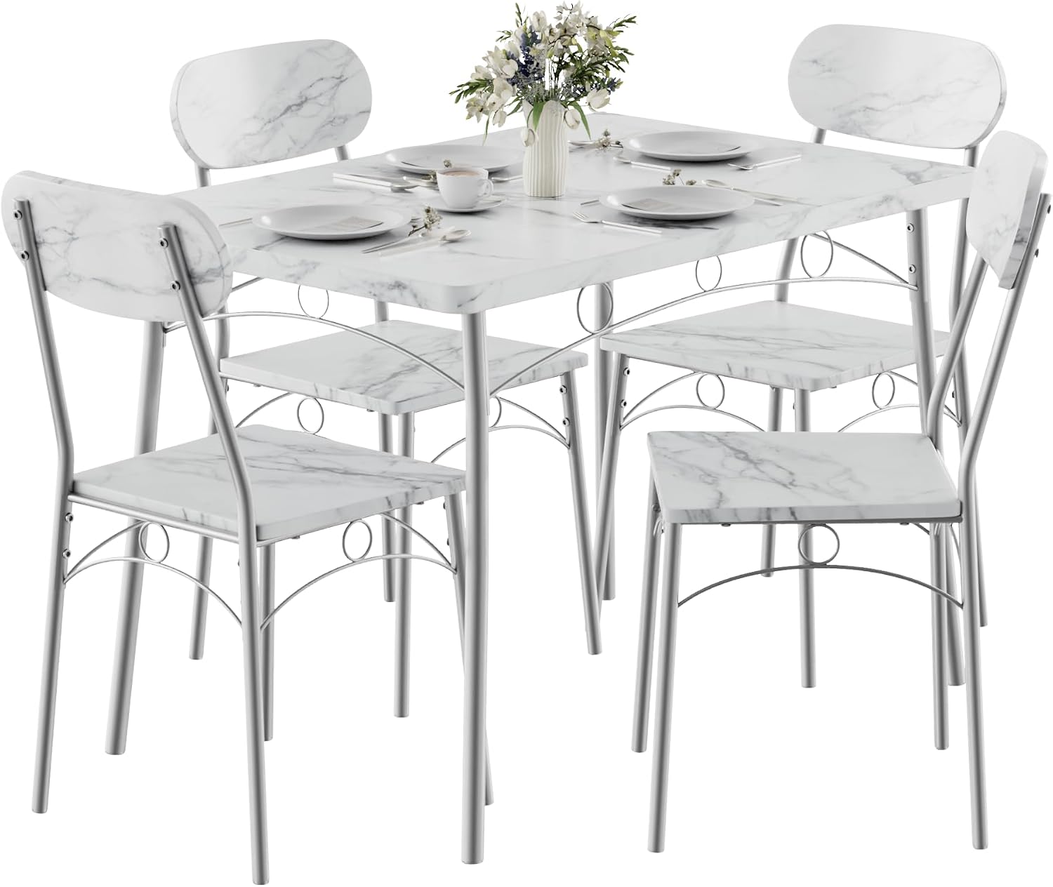 VECELO Dining Table Set for 4, 5-Piece Kitchen Table with 4 Chairs, MDF Board Tabletop with Metal Frame for Small Space, Compact Dinette, Breakfast Nook, Marble White