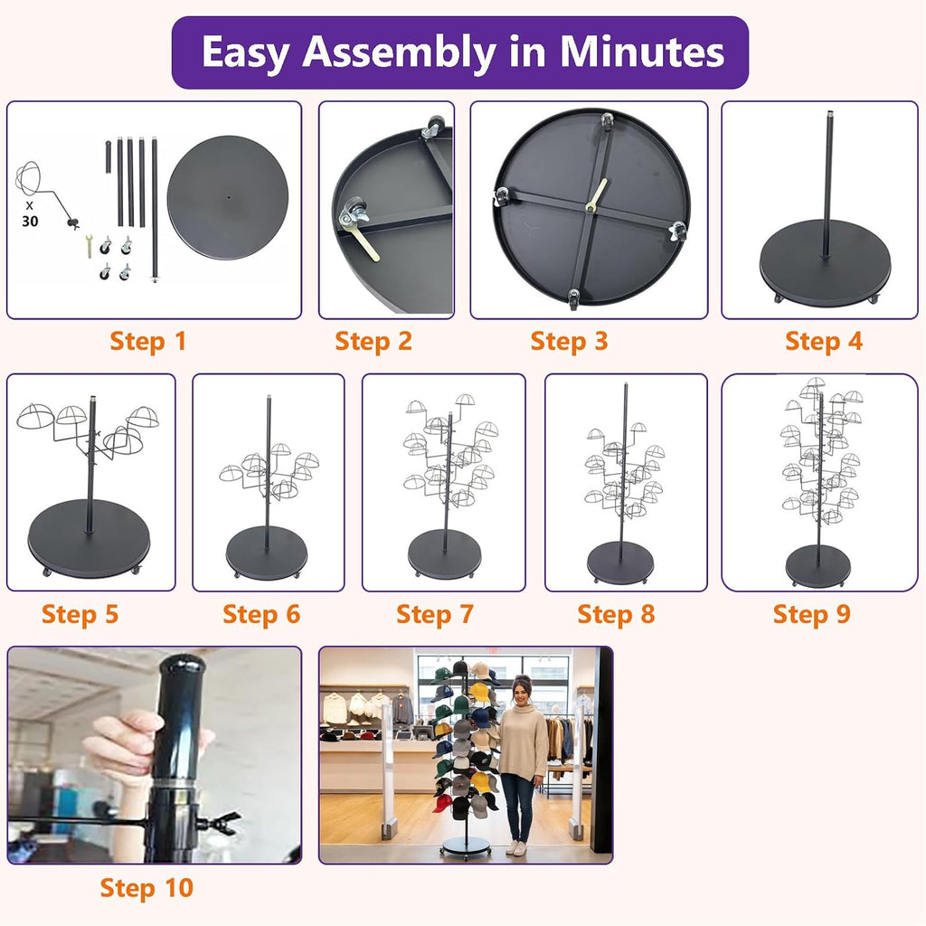 Metal Hats Display Rack with 30 Adjustable Hooks Floor Hat Rack Stand Hat Rack Display for Home Retail Store Hat Organizer Rack for Wig Cap(Black)