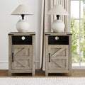 Farmhouse Nightstand Set of 2 with Charging Station, Modern Bedside Table with Barn Door and Shelf, Sofa Side Table End Table for Bedroom, Living Room, Grey