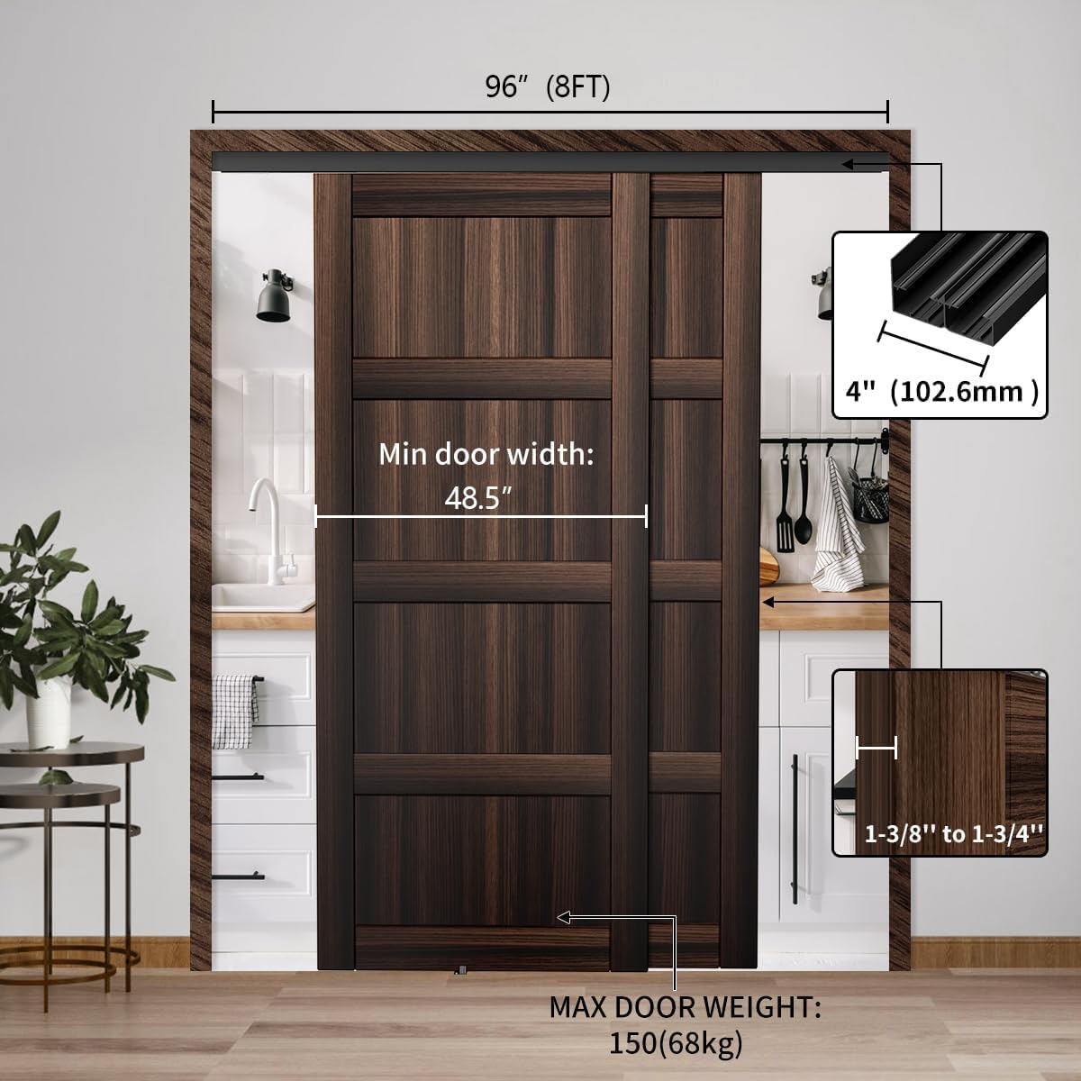 Heavy Duty Bypass Sliding Closet Door Track Hardware 96', 8 FT Aluminium Pocket Door Track Rail Set, Smoothly and Quietly, for 2 Door System,Black