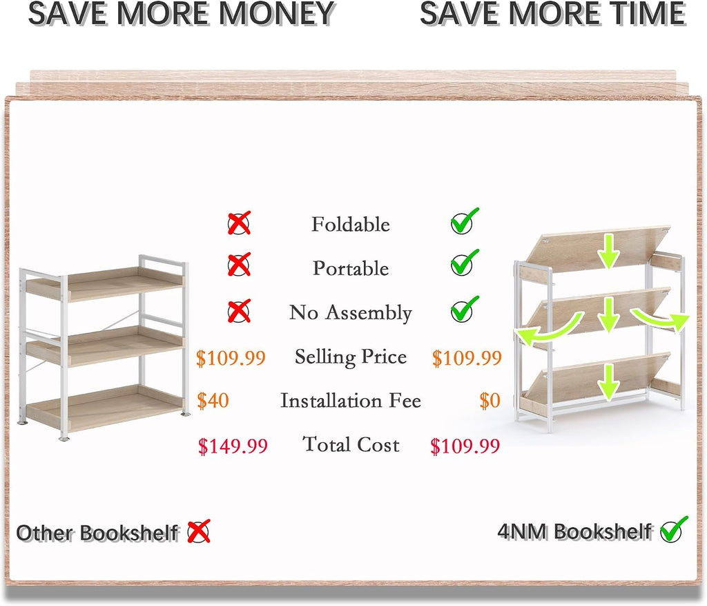 4NM Extra Wdie No Assembly Folding Bookshelf, 34' H x 30.9' W, 3 Tier Collapsible Book Shelf Bookcase Foldable Shelves for Bedroom Living Room Home Office - Cloud Oak & White