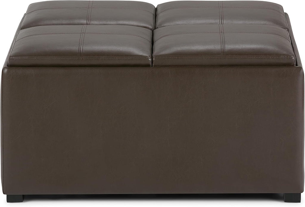 SIMPLIHOME Avalon 35 inch Wide Contemporary Square Coffee Table Storage Ottoman in Chocolate Brown Vegan Faux Leather, Assembled, For the Living Room and Bedroom