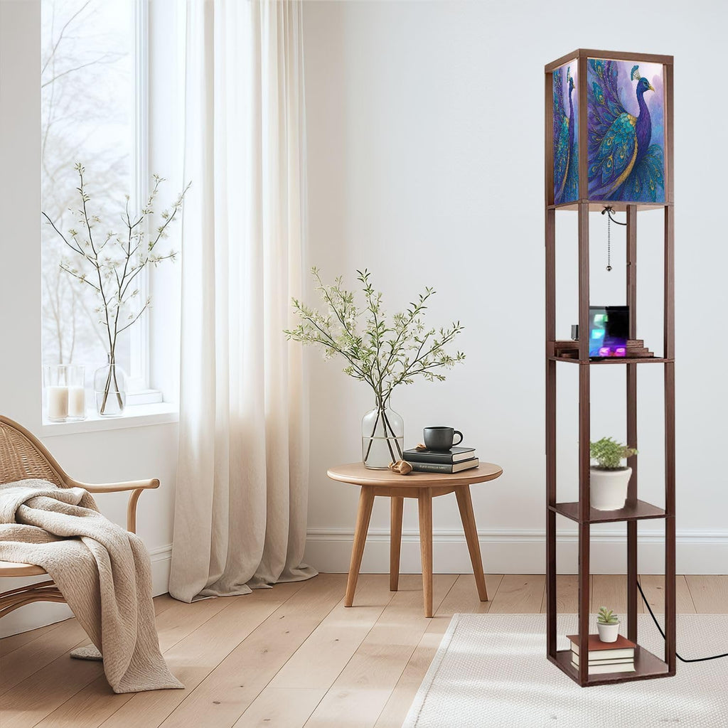 Floor Lamp with Shelves Modern Stained Glass Peacock Art Teal Gold Feathers Standing Tall Lamp USB Ports & Power Outlet Modern Corner Lamp Nightstand Light for Living Room Bedroom