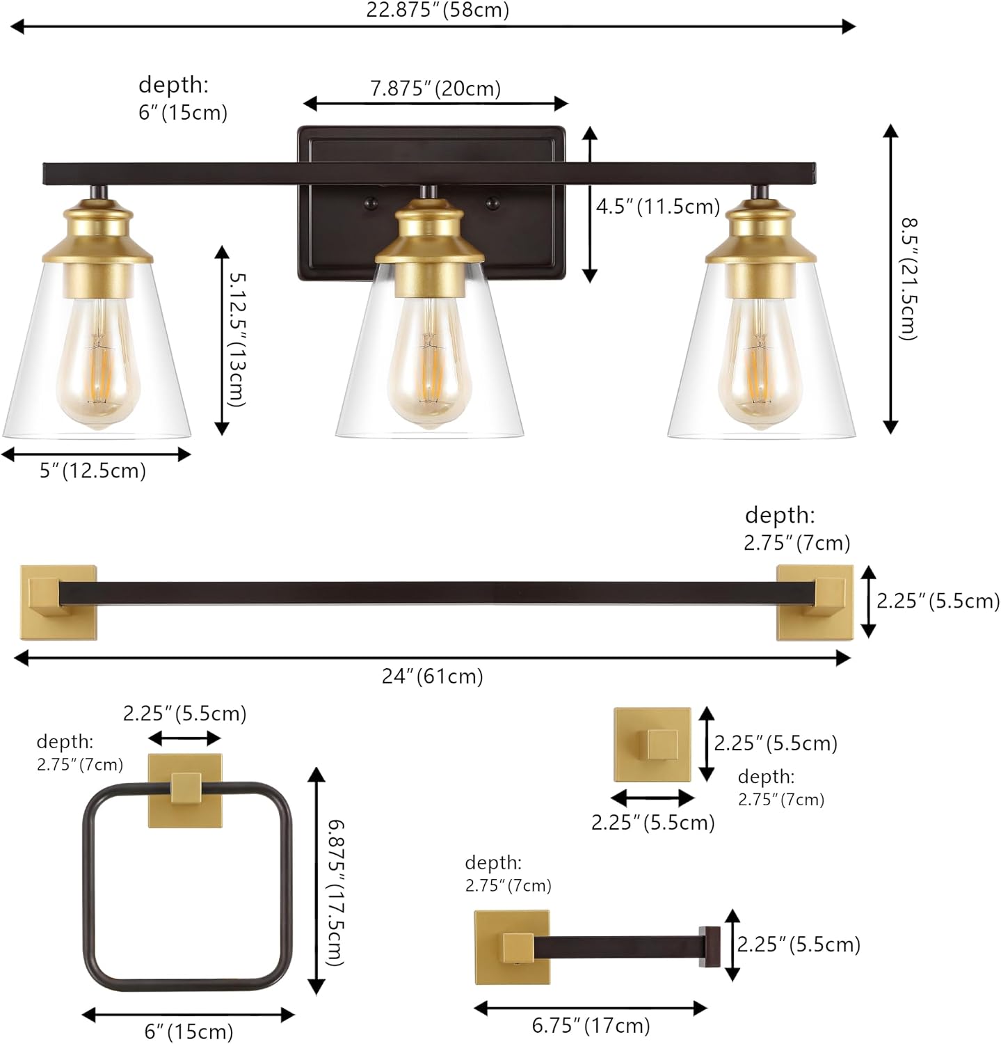 JONATHAN Y JYL1500B Arlo 22.88' 3-Light Vintage Classic Vanity Light with Bathroom Hardware Accessory Set, Oil Rubbed Bronze/Gold Painting (5-Piece) - Towel Bar & Ring, Toilet Paper Holder, Robe Hook