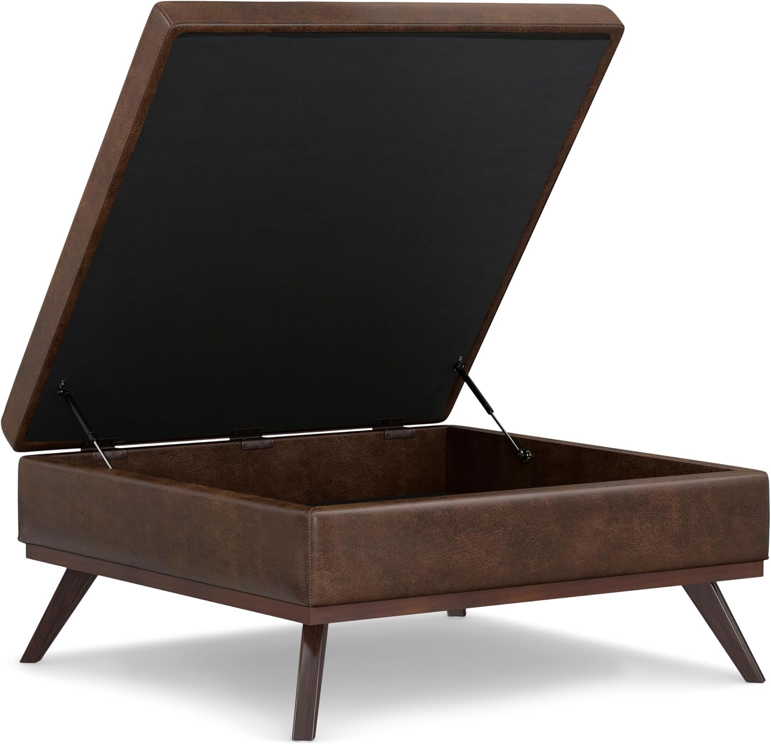 SIMPLIHOME Owen XL Square Coffee Table Storage Ottoman - 40 inch Wide Upholstered Vegan Leather Lift-Top Ottoman in Distressed Chestnut Brown, Mid-Century Modern Ottoman for Living Room with Storage