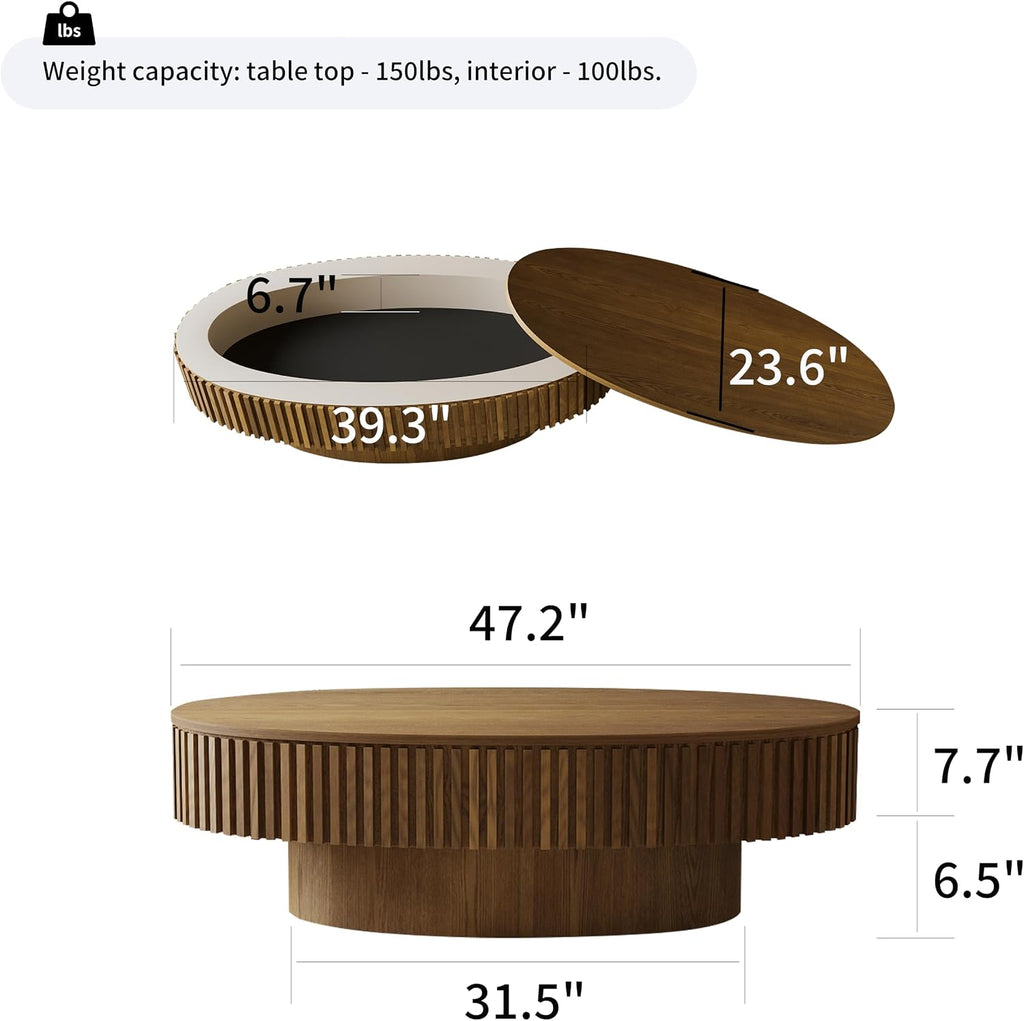Oval Coffee Table with Storage, Modern Walnut Coffee Table with Solid Wood Veneered, Fluted Center Table Wood Drum Tea Table for for Living Room Apartment, 47.2''L×23.6''W×14.2''H