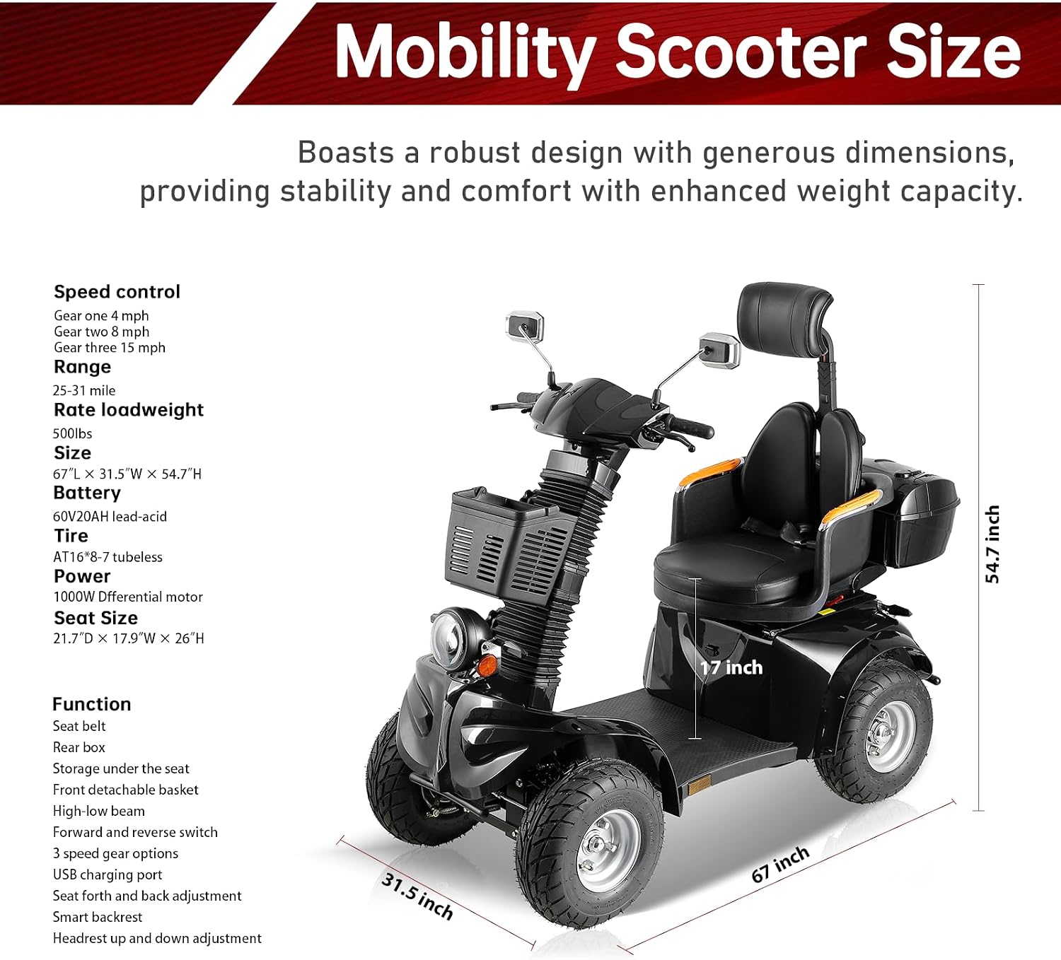 Heavy Duty Mobility Scooters for Seniors & Adults 500lbs Capacity - Electric Powered Mobility Cart - 1000W All Terrain Recreational Mobility Scooter for Travel