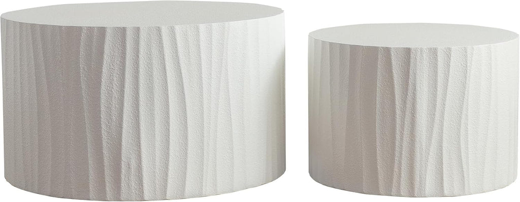 Nesting Coffee Table Set of 2, Modern Round Wooden Drum Side End Coffee Tables for Living Room, Bedroom, White-03