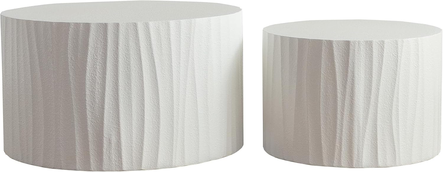Nesting Coffee Table Set of 2, Modern Round Wooden Drum Side End Coffee Tables for Living Room, Bedroom, White-03