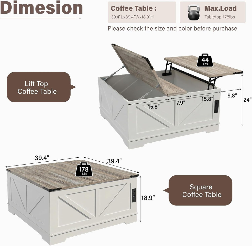 BREEZEHEAT Farmhouse Lift Top Coffee Table with Storage, Large 40' Wood Square Coffee Table with Charging Station&USB Port, Living Room Table w/Hidden Space, for Living Room,Home Office, White