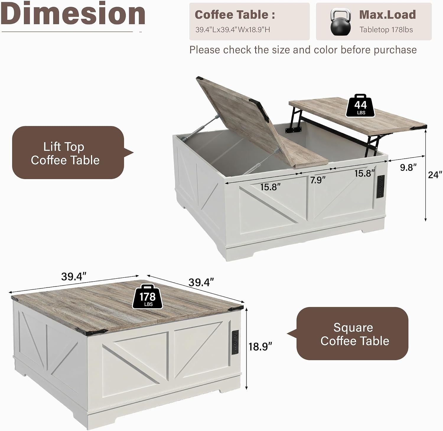 BREEZEHEAT Farmhouse Lift Top Coffee Table with Storage, Large 40' Wood Square Coffee Table with Charging Station&USB Port, Living Room Table w/Hidden Space, for Living Room,Home Office, White