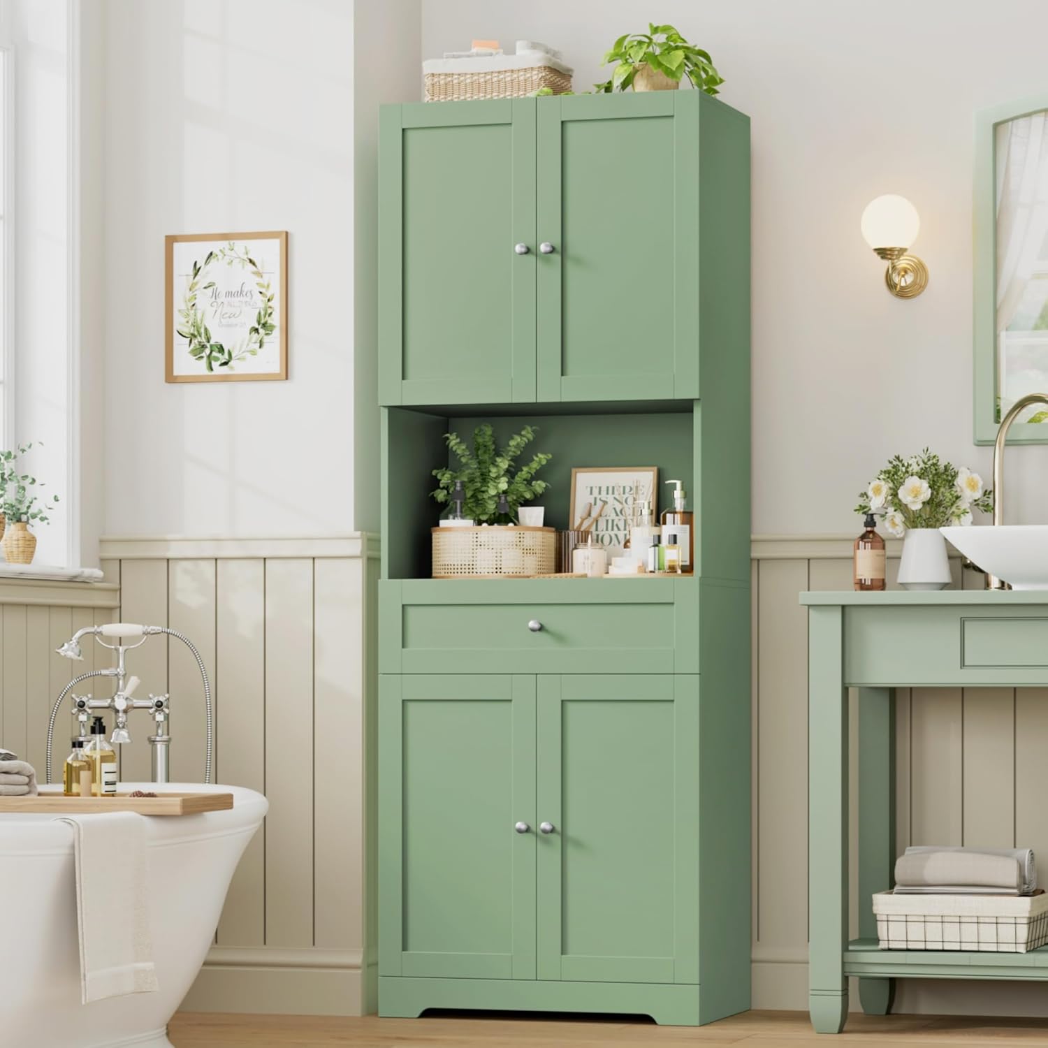 Tall Bathroom Storage Cabinets with Drawer, Modern Linen Cabinet with Doors & Shelves, 67'H Tall Storage Cabinet Freestanding for Bathroom, Dining Room, Kitchen & Pantry, Laundry, Narrow Corner, Green