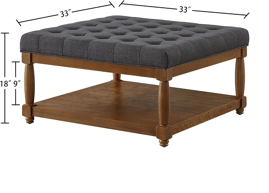 GDFStudio Large Square Upholstered Tufted Linen Ottoman Coffee Table with Solid Wood Frame and Open Storage Shelf, Nailhead Trim Accent Footrest for Living Room, Charcoal
