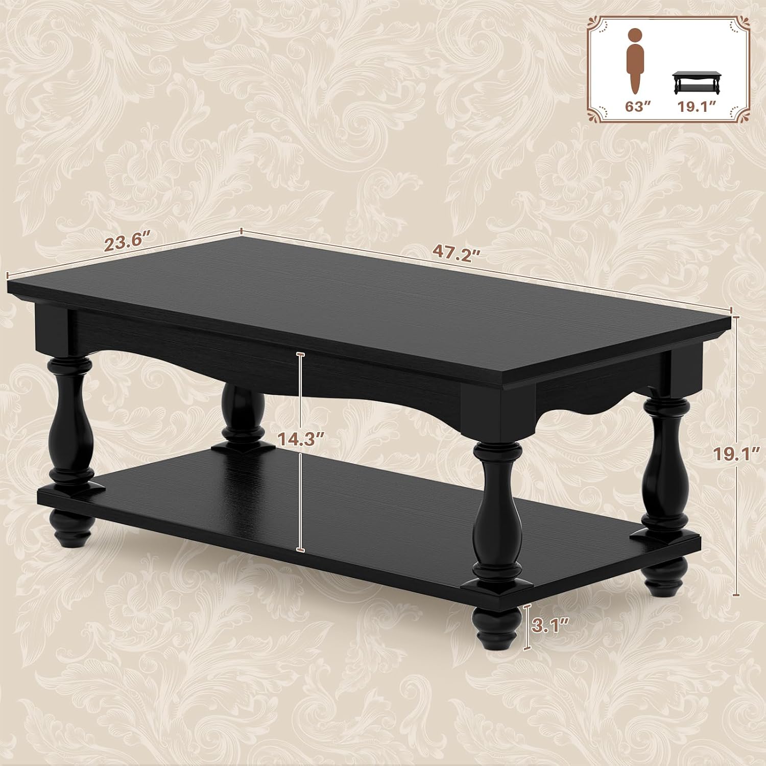 Besiost Farmhouse Coffee Table with Storage, Mid Century Coffee Tables for Living Room, 47 inch Modern 2-Tier Black Coffee Table