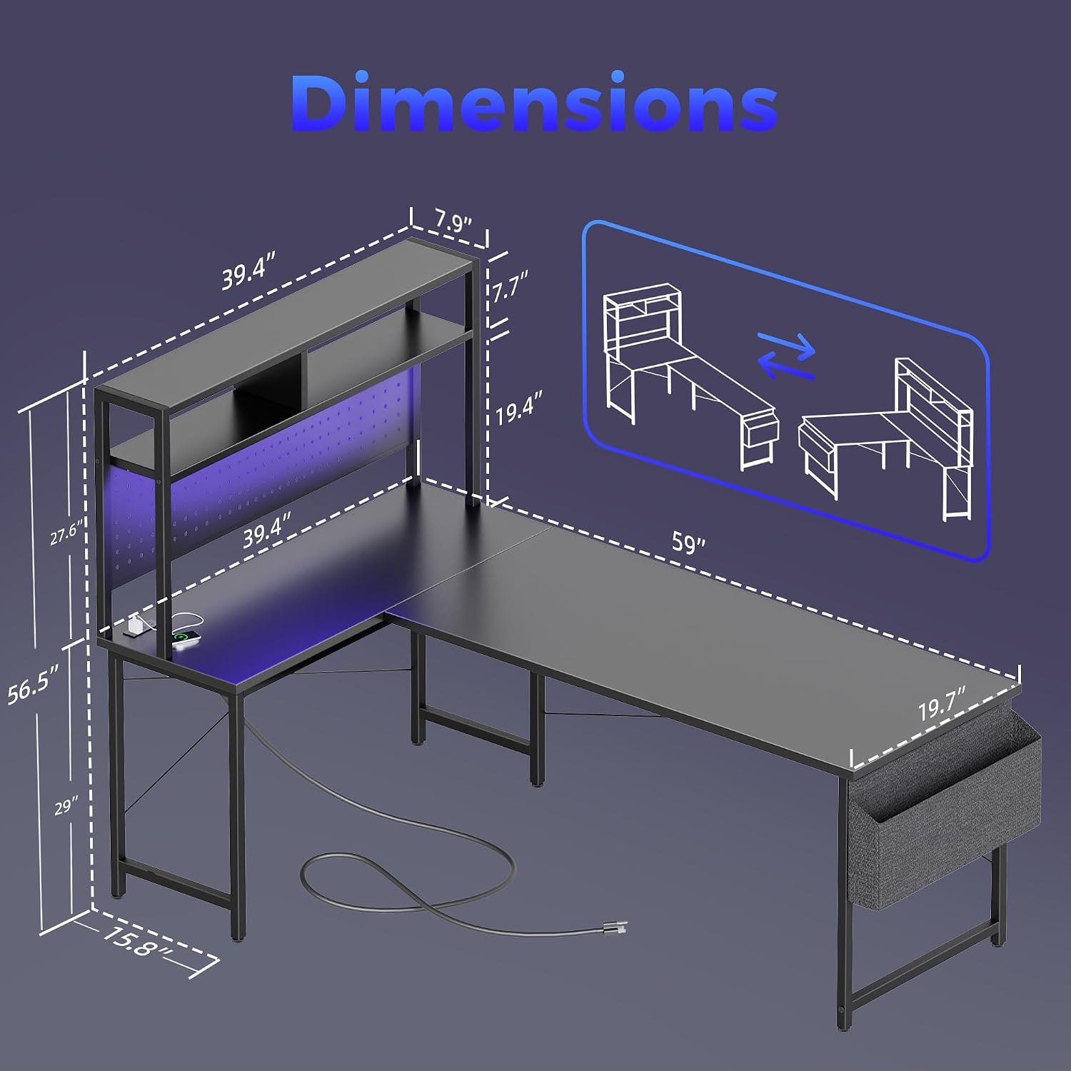 Mericonia 59 inch Large L Shaped Desk with Pegboard Hutch & Shelves, Corner Gaming Desk with Power Outlet, LED Light & Storage Bag, Reversible Computer Desk for Home, Bedroom, Office Workspace, Black
