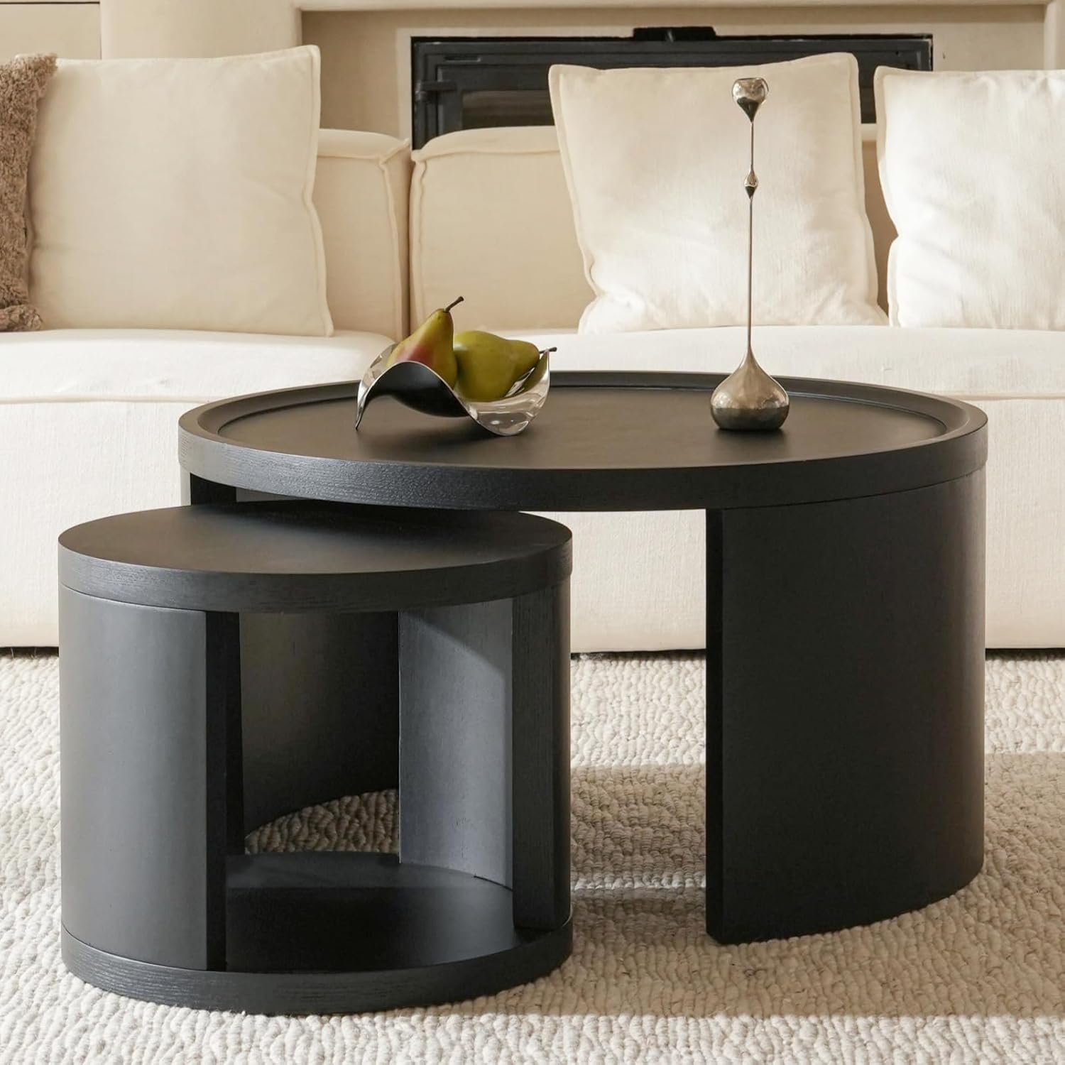 Round Nesting Coffee Table Set of 2, Black Coffee Table, 31.5' Large & 18' Small Low Tables with Wood Top, Center Table for Living Room, Bedroom, Minimalist Center Table Set