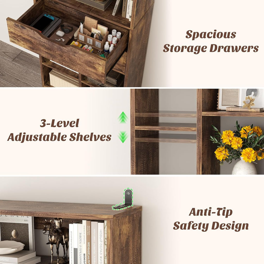 Armocity 9-Tier Tall Bookshelf with 2 Drawers, 79.7' Narrow Freestanding Bookcase, Space-Saving Wood Display Shelves Storage for Living Room, Home Office Bedroom, Rustic Brown