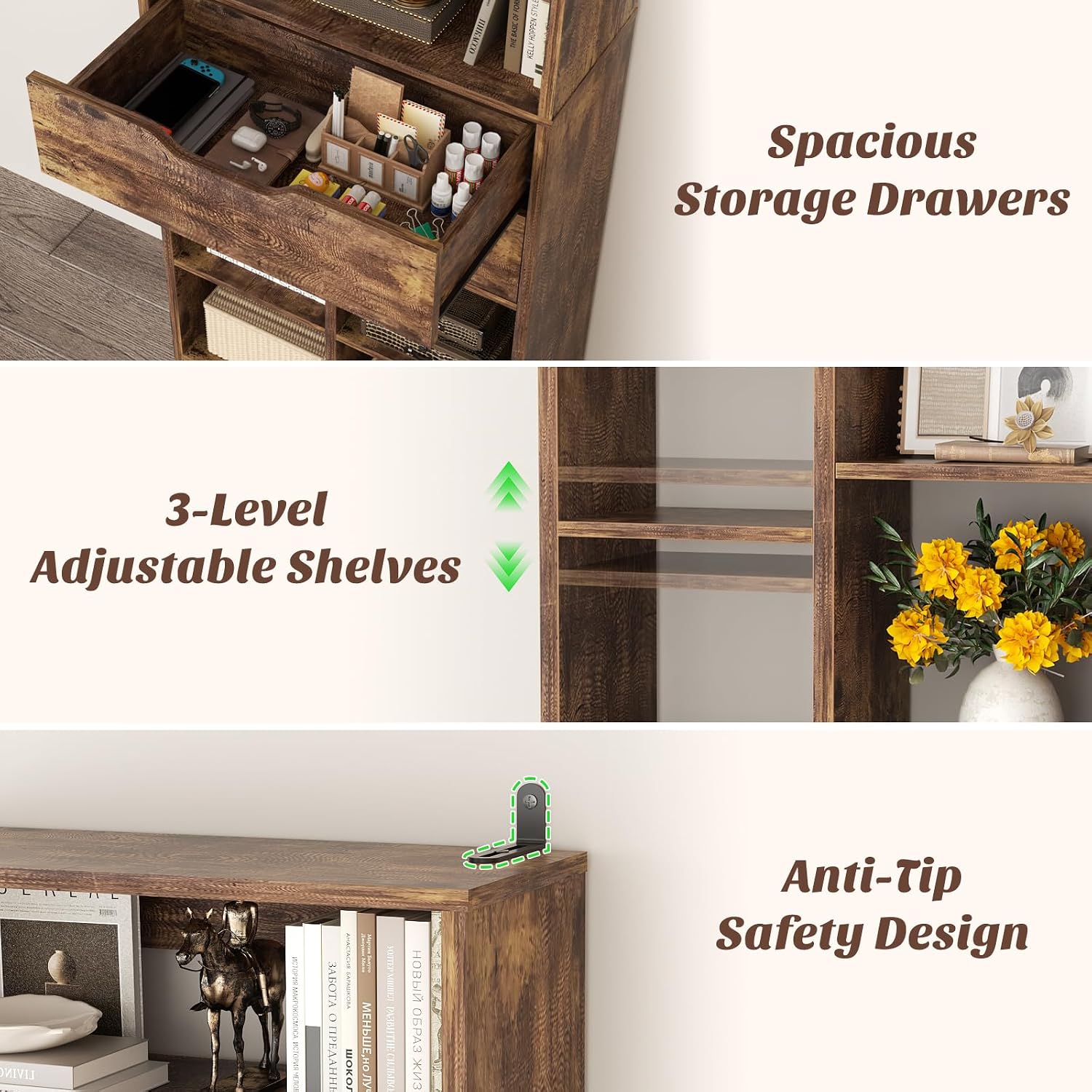 Armocity 9-Tier Tall Bookshelf with 2 Drawers, 79.7' Narrow Freestanding Bookcase, Space-Saving Wood Display Shelves Storage for Living Room, Home Office Bedroom, Rustic Brown