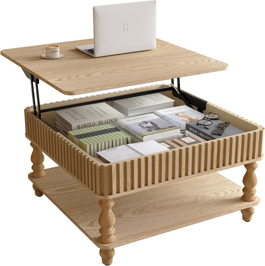 HARR Lift Top Square Coffee Table with Storage, 31.5'' Sofa Side End Table, Fluted Design Hydraulic Raising Mechanism, Hidden Compartment & Open Shelf, Retro Solid Wood Legs for Living Room, Natural
