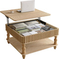 31.50' Square Fluted Lift-Top Coffee Table with Hidden & Open Storage, Modern Center Table with Hydraulic Raising Mechanism, Retro Tea Table with Solid Wood Legs for Living Room Apartment, Natural