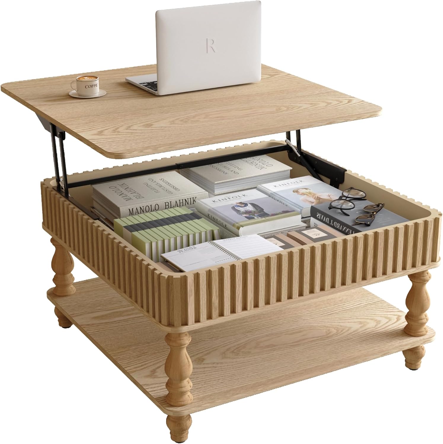 31.50' Square Fluted Lift-Top Coffee Table with Hidden & Open Storage, Modern Center Table with Hydraulic Raising Mechanism, Retro Tea Table with Solid Wood Legs for Living Room Apartment, Natural