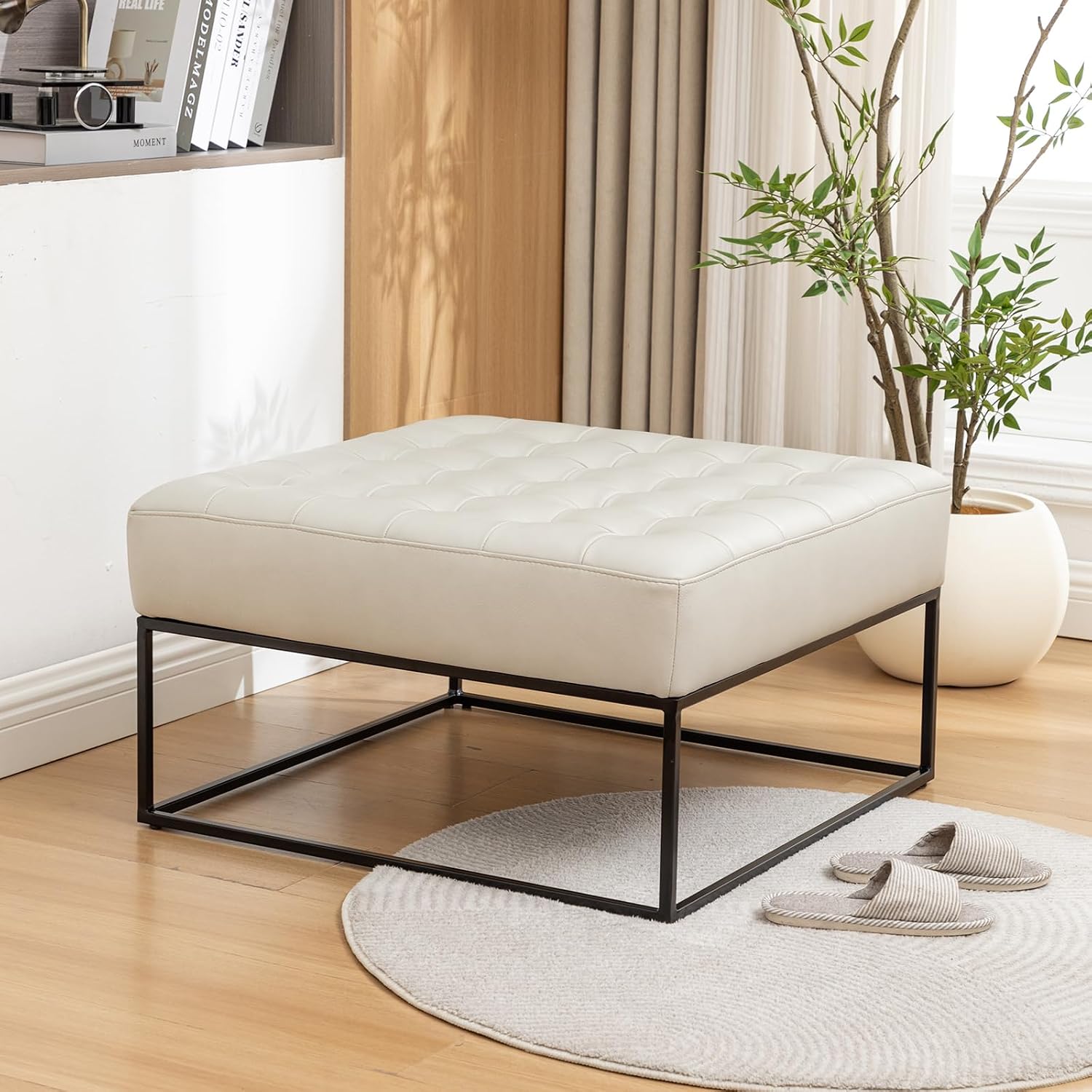 Modern Genuine Leather Square Coffee Table, 30'' Farmhouse Ottoman for Living Room, Large Vintage Genuine Leather Coffee Tables with Leather Upholstered Padded Seat Beige