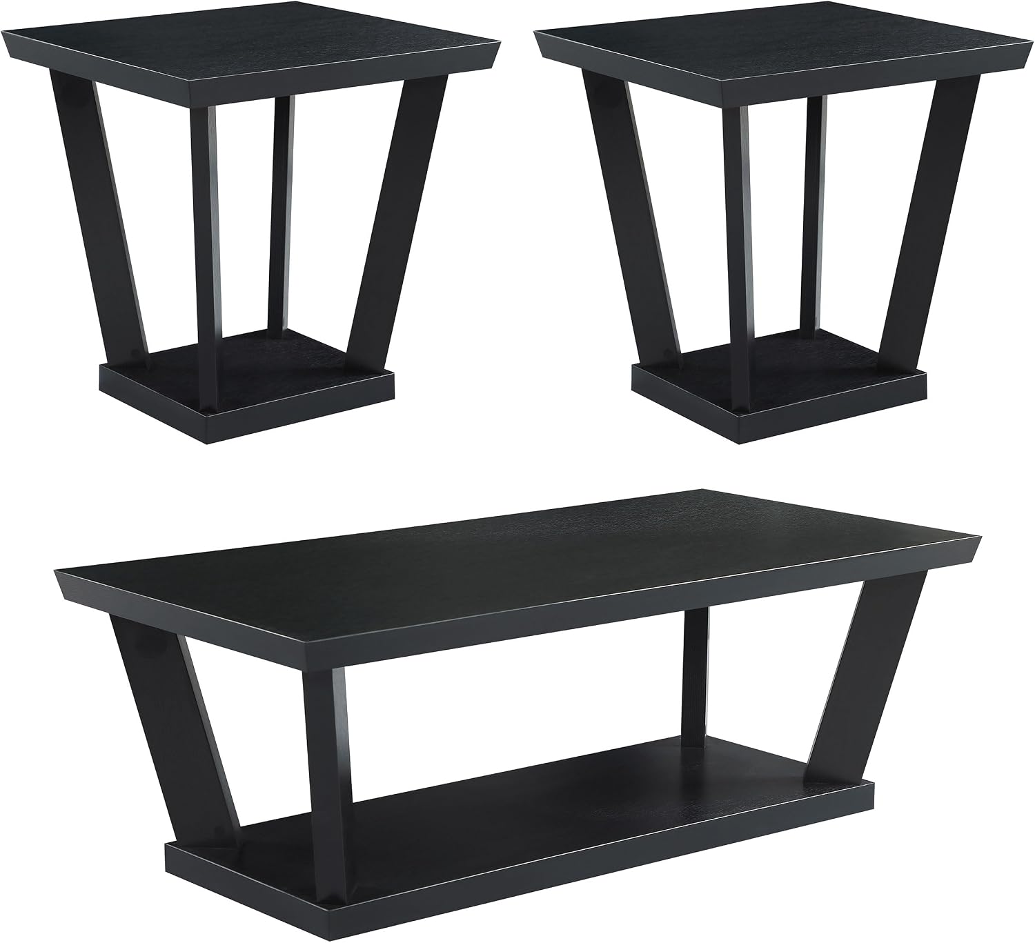 Coaster Home Furnishings - Aminta - Wood - 3-Piece Coffee and End Table Set with Beveled Tops, Angled Legs, and Flush Squared Base - Contemporary Style - Living Room - Black - 753434