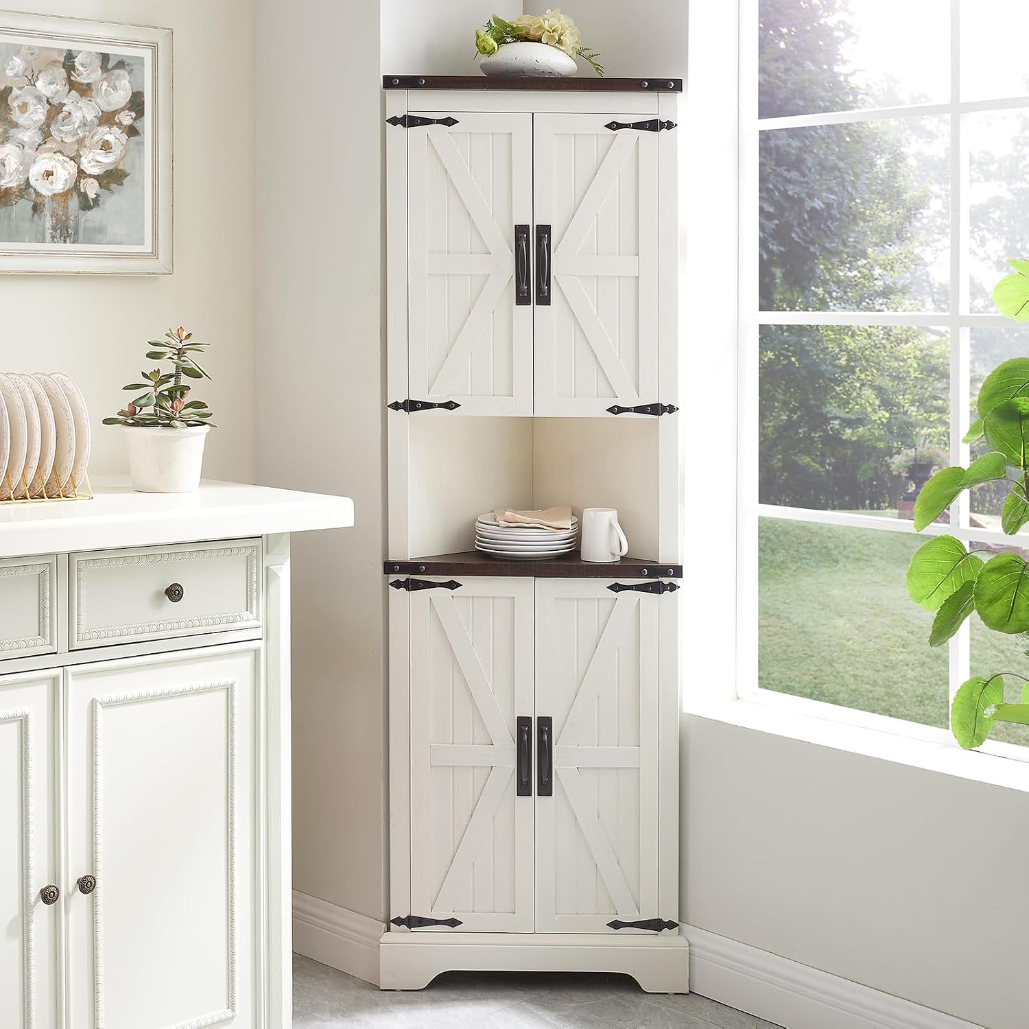 Minifeel Tall Farmhouse Corner Cabinet with 4 Doors and Adjustable Shelves, Farmhouse Storage Cabinet with Barn Door Design, Home Space Saver for Living Room, Kitchen, Laundry Room (Antique White)