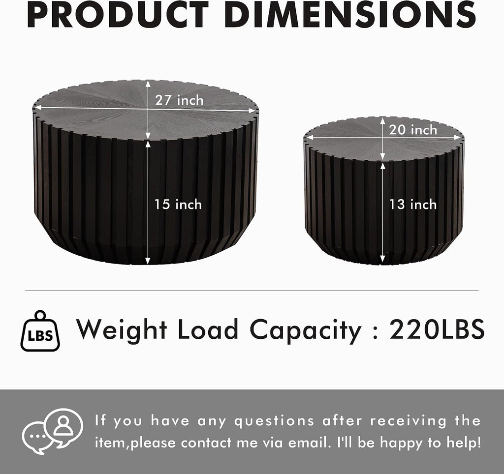 Black Round Nesting Tables for Living Room, Set of 2, Nesting Coffee Table Wooden Fluted Coffee Table, Modern Small Circle Center Tabel End Side Table for Farmhouse Apartment Office