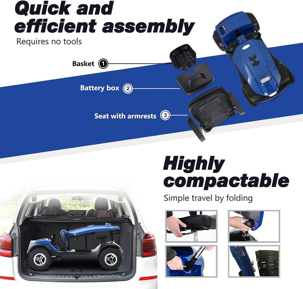 Mobility Scooters for Seniors & Adults 400 Lb Weight All Terrain,Heavy Duty 4-Wheel Powered Scooter,Foldable Mobile Disability Electric Wheelchair,Luxury Seat and Front Rear Led Lights,Blue