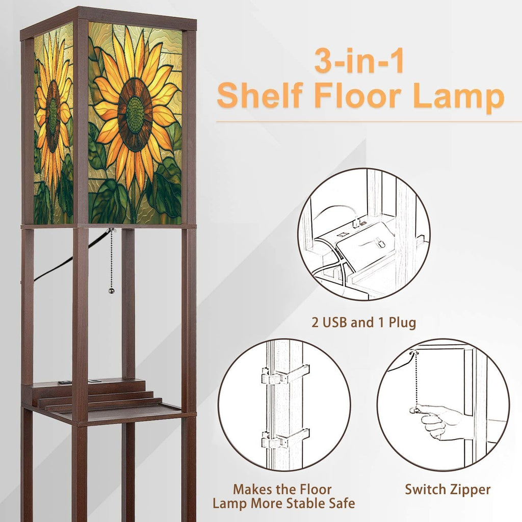 Floor Lamp with Shelves Sunflower Stained Glass Decoration Vibrant Window Art Standing Tall Lamp USB Ports & Power Outlet Modern Corner Lamp Nightstand Light for Living Room Bedroom