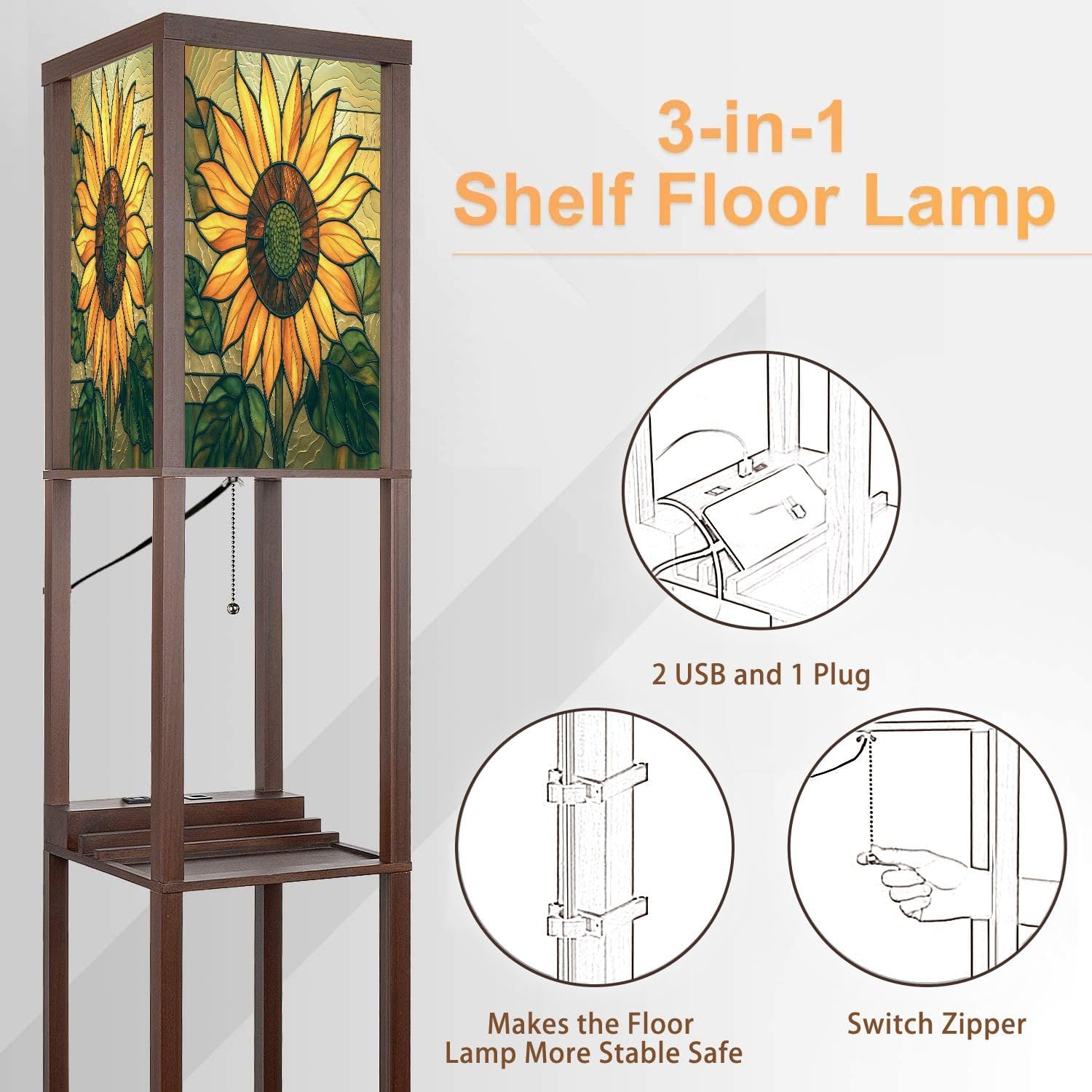 Floor Lamp with Shelves Sunflower Stained Glass Decoration Vibrant Window Art Standing Tall Lamp USB Ports & Power Outlet Modern Corner Lamp Nightstand Light for Living Room Bedroom