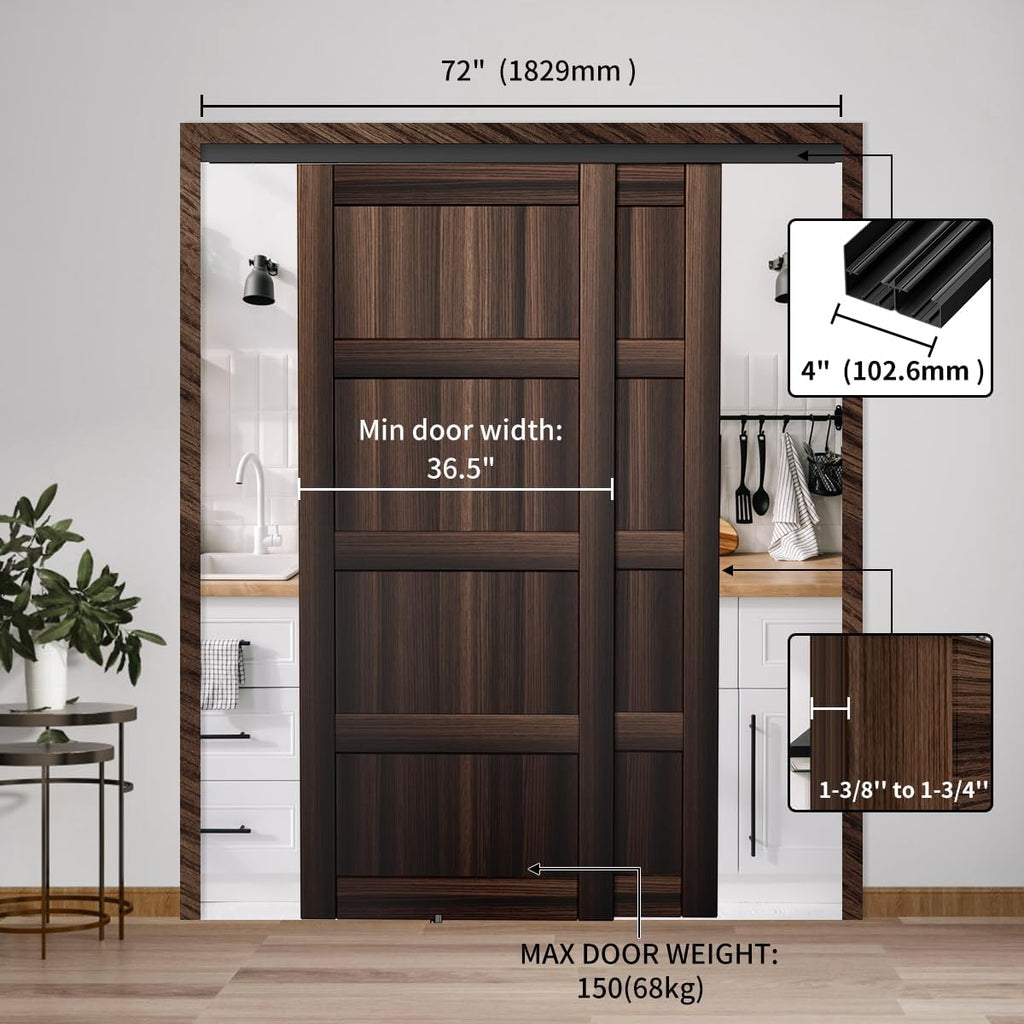 Heavy Duty Bypass Sliding Closet Door Track Hardware 72', 6 FT Aluminium Pocket Door Track Rail Set, Smoothly and Quietly, for 2 Door System,Black