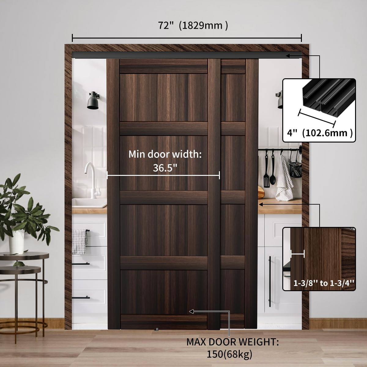 Heavy Duty Bypass Sliding Closet Door Track Hardware 72', 6 FT Aluminium Pocket Door Track Rail Set, Smoothly and Quietly, for 2 Door System,Black