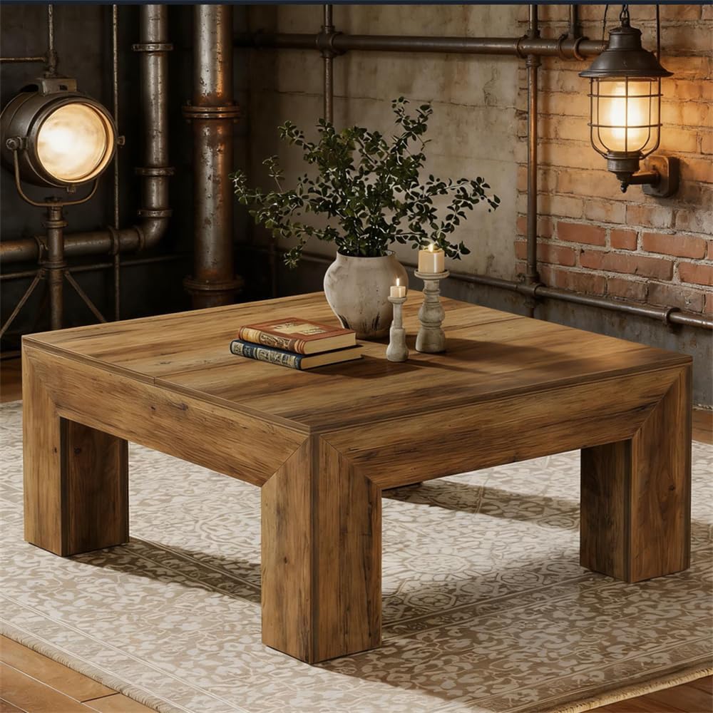 39.4' Square Coffee Table, Farmhouse Coffee Table with Sturdy Base, Mid-Century Modern MDF Accent Center Tea Tables for Living Room Apartment, Easy Assembly