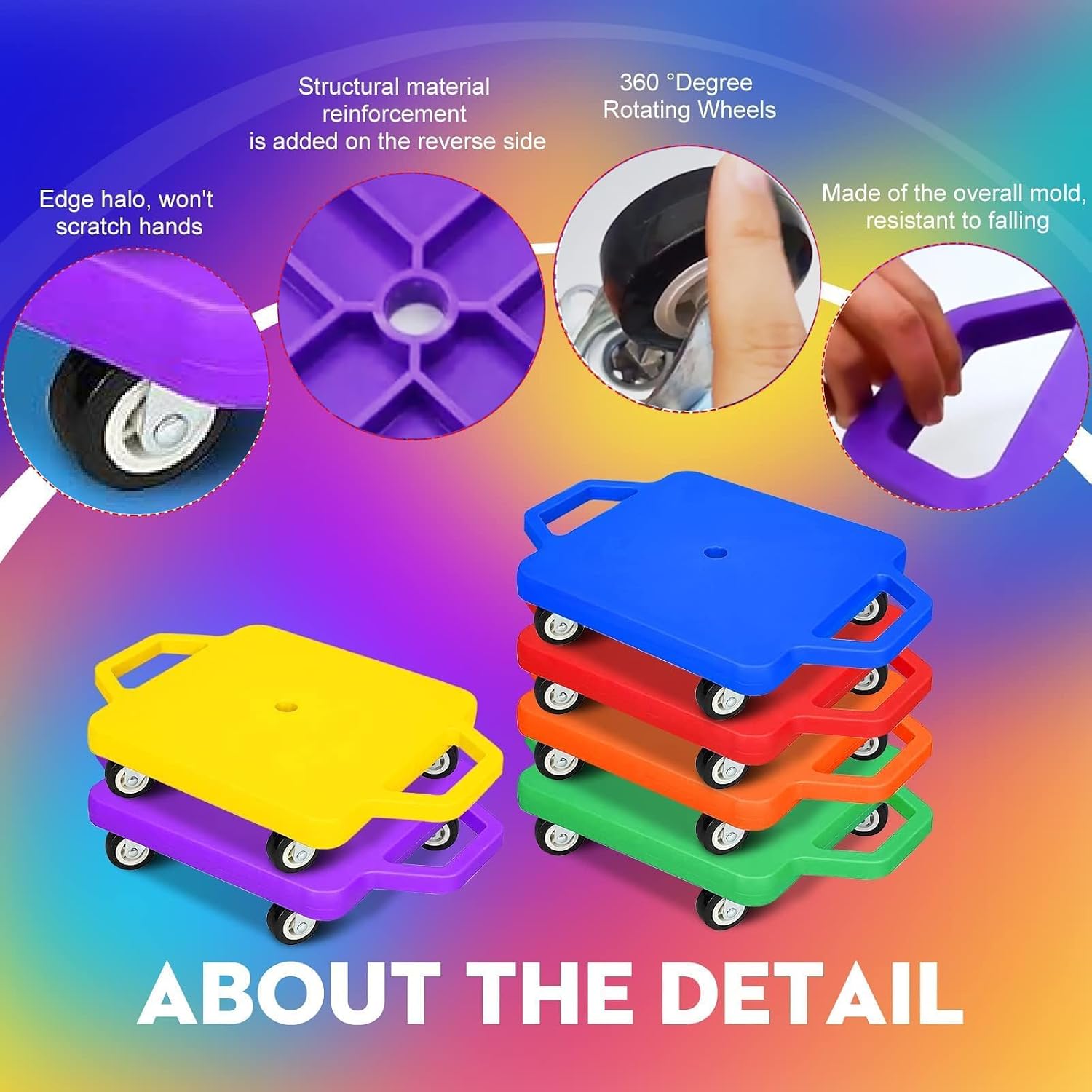 12 Pcs Sports Scooter Board with Handles for Kids Non-Marring Plastic Casters Floor Scooter Board Sitting Scooter Board Boy Girl Gym Indoor Outdoor Activities Play Equipment