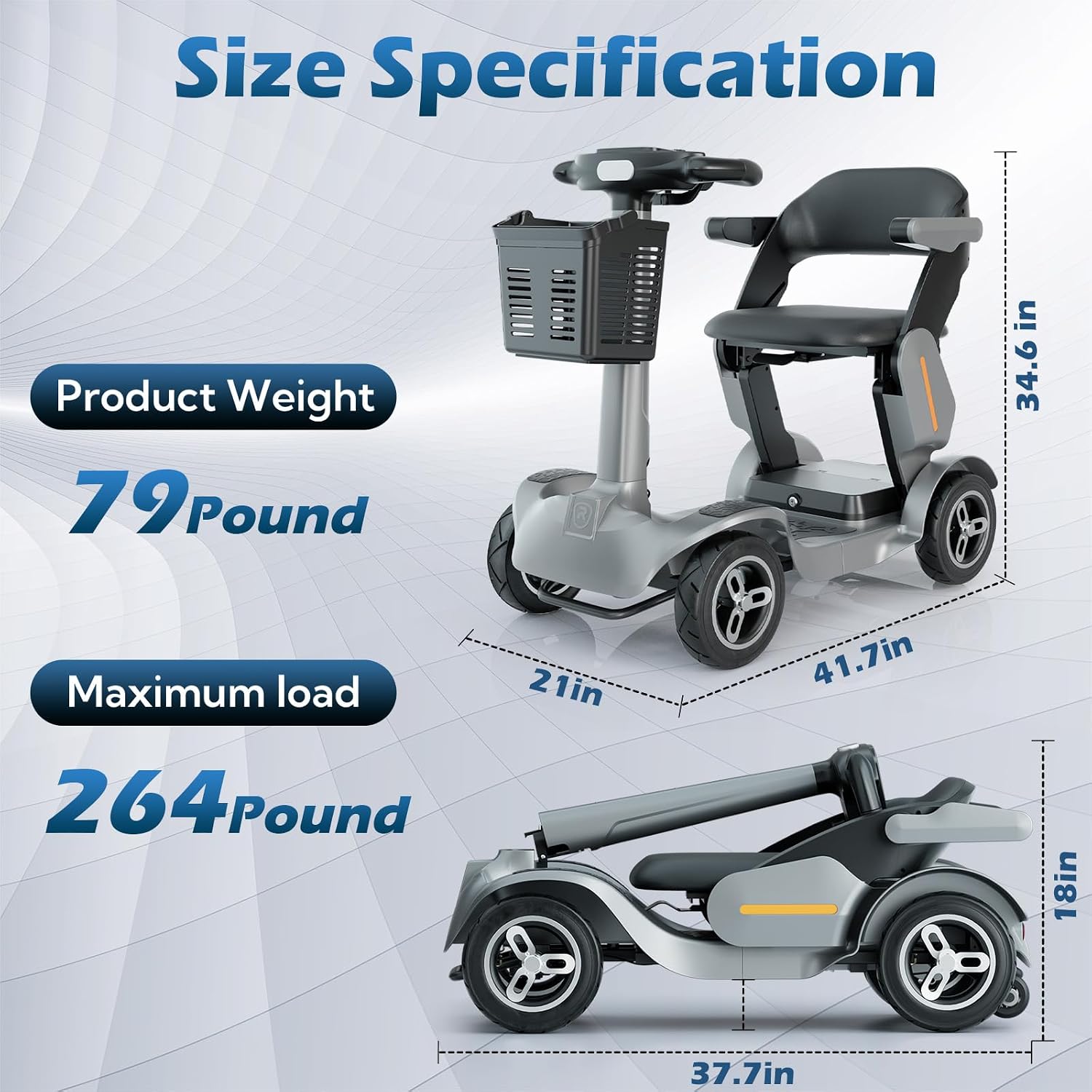 SPD2 Peak 1000W 4 Wheel Mobility Scooter,Electric Powered Wheelchair Device with 35Mile Long Range Power Extended Battery with Charger & Basket, for Travel/Elder/Adult/Handicap/Disability,Gray