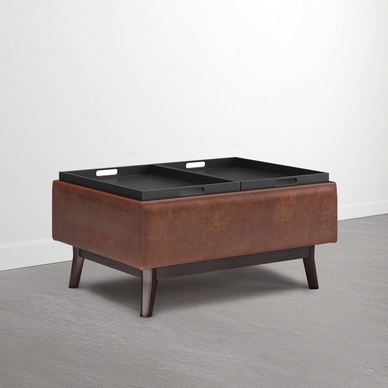 SIMPLIHOME Owen Small Coffee Table Storage Ottoman - 34 inch Wide Upholstered Vegan Leather Rectangle Ottoman in Distressed Pecan Brown, Mid-Century Modern Ottoman for Entryway with Serving Trays