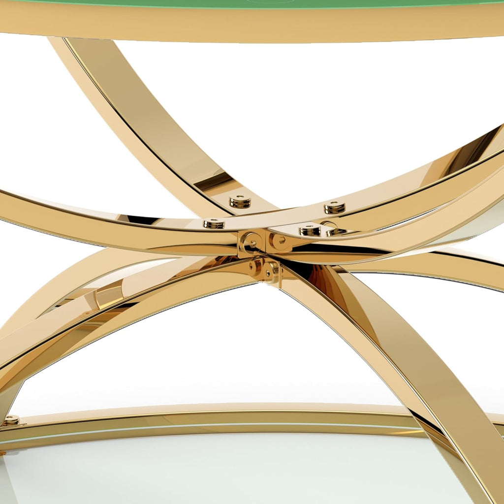 JIJIWANG 2 Tier Glass Round Coffee Table with Metal Frame and Clear Tempered Glass, 31.50'' Center Table with Ring-Shaped Frames for Living Room, Bedroom, Office, Gold